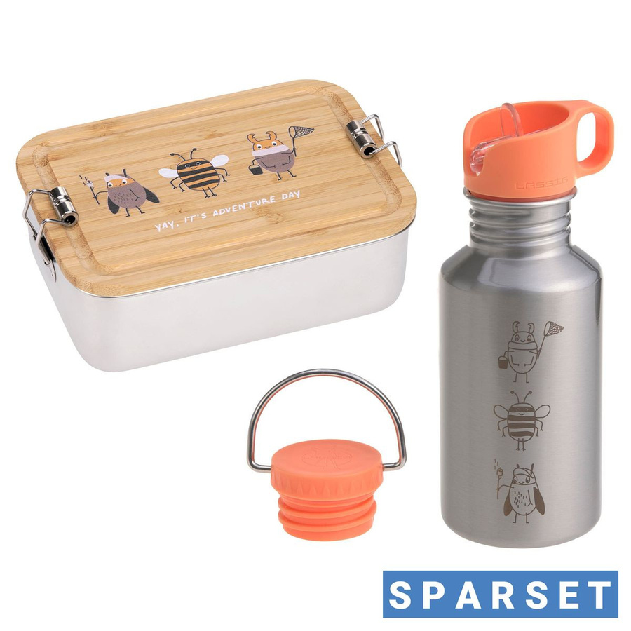 Lässig 2-tlg. Lunch Set aus Edelstahl und Bambus mit Brotdose und Trinkflasche in Beige - Bild 1