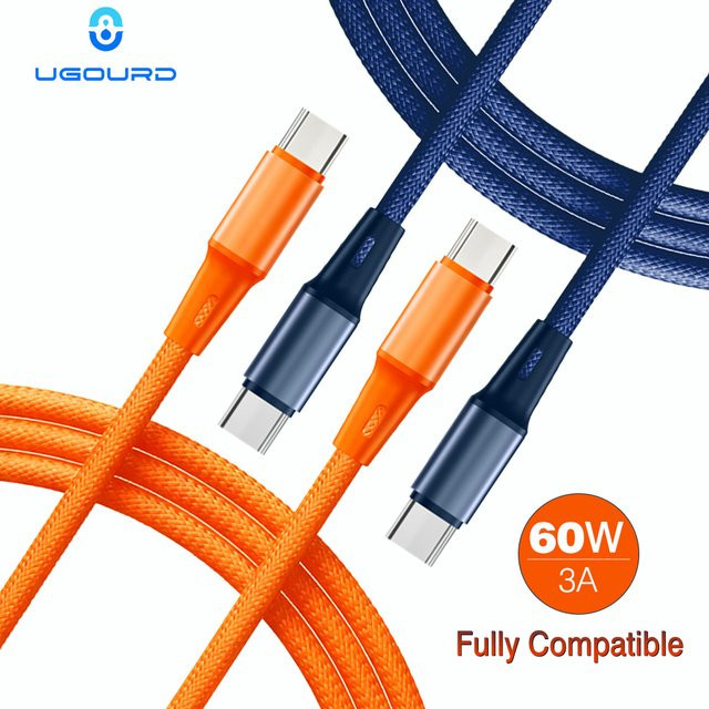 UGOURD USB-C auf USB-C Schnellladekabel 60 W, blau-orange geflochtenes Netzkabel für Samsung und Huawei Tablets - Bild 1