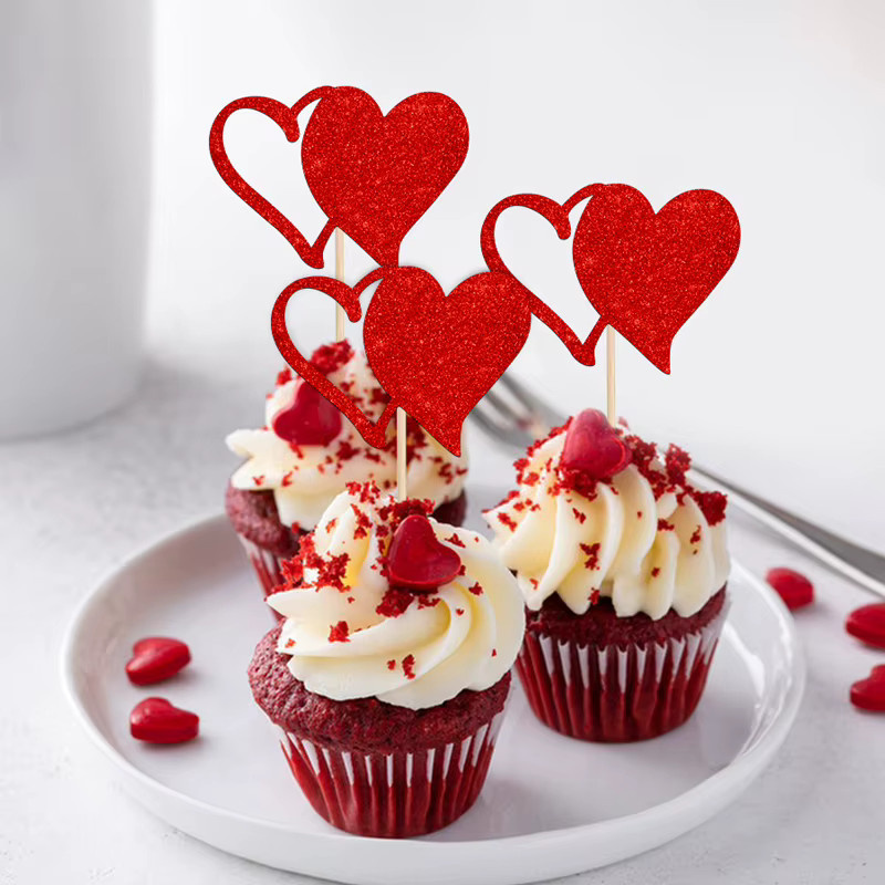 YOMDID 24 Stück glitzernde Cupcake-Topper in Rot für Valentinstag, Hochzeiten und Partys - Bild 3