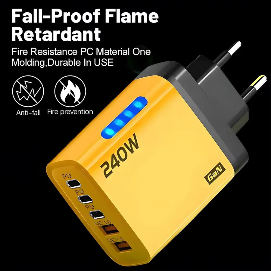 WALKESEN GaN Desktop-Ladegerät mit 240W, 2 USB-A und 3 USB-C Anschlüssen, Quick Charge 3.0 Adapter mit LED-Licht, Schwarz - Bild 2