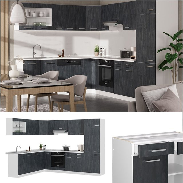Vicco R-Line Eckküche in L-Form, Schwarz Beton und Weiß, B/T/H: 287 x 227 x 241,56 cm - Bild 1