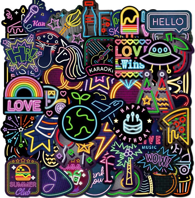 50 Stück Wasserdichte Neon Graffiti Sticker von Wucifang Bags in Multicolor und Weiß für Skateboard, Auto, Handy und Spielzeug - Bild 1