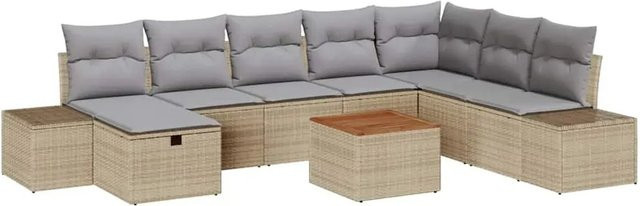vidaXL Garten-Sofa-Set aus Polyrattan in Beige, 9-teiliges L-Shape Lounge-Set mit Kissen, Ottomane und Couchtisch inklusive integriertem Stauraum - Bild 1