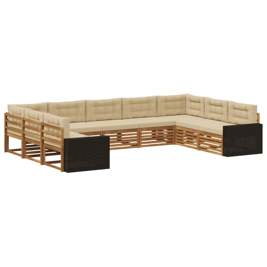vidaXL Outdoor-Sofagarnitur aus Akazie Massivholz in U-Form, 9-teiliges Set in Natur und Beige mit wetterfesten Kissen und Armlehnen - Bild 2