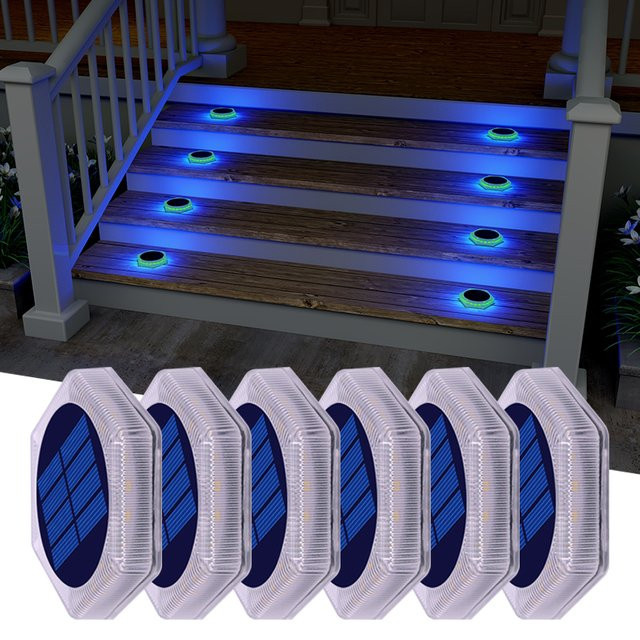6er-Pack Yilaie Solar-Treppenleuchten für den Außenbereich, Blau, IP68 wasserdicht, selbstklebend für Pool, Zaun, Garage und Dock - Bild 1