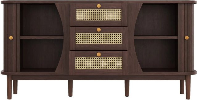 okwish Sideboard mit Schiebetüren und Rattan-Elementen in Braun, B/T/H: 140,5 x 40 x 76 cm - Bild 1