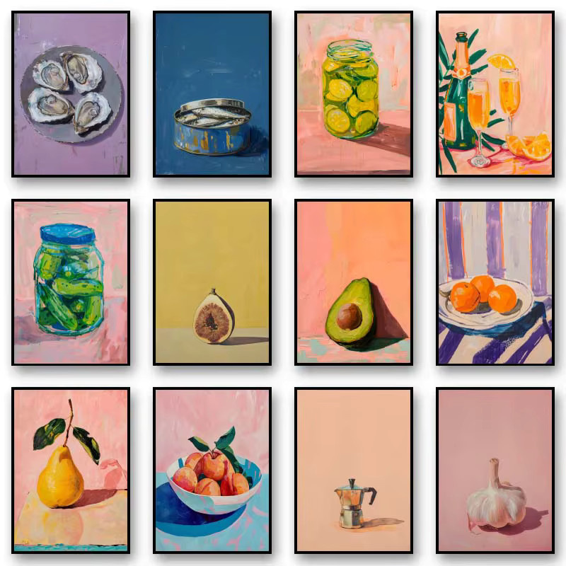 Vintage Leinwandmalerei Potdemiel Obst Motiv Orange Avocado und Tomaten für deine Küchenwanddekoration in Multicolour - Bild 2