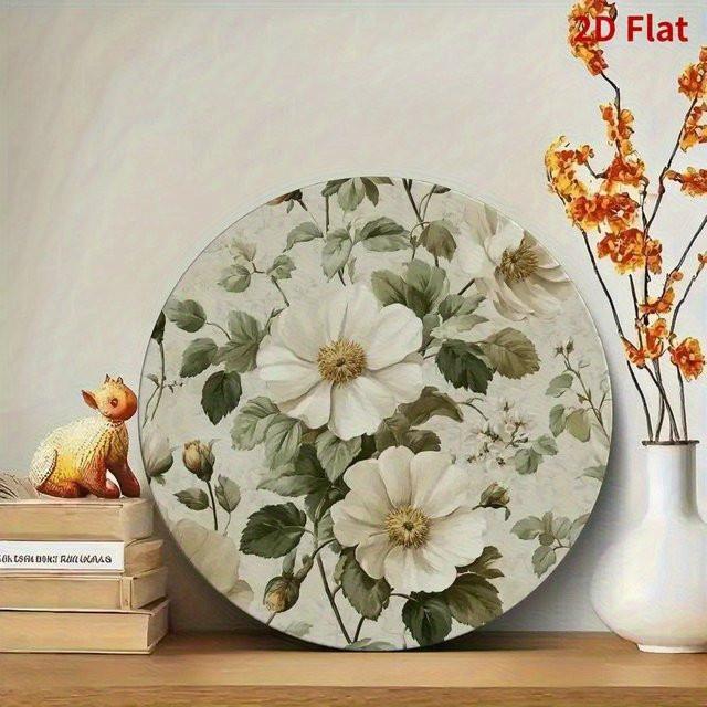 Potdemiel Aluminiumkunst Wandbild mit floralem Motiv in Weiß und Grün, Rundes Metallgemälde mit Blumen und Blättern, Durchmesser: 20 cm - Bild 1