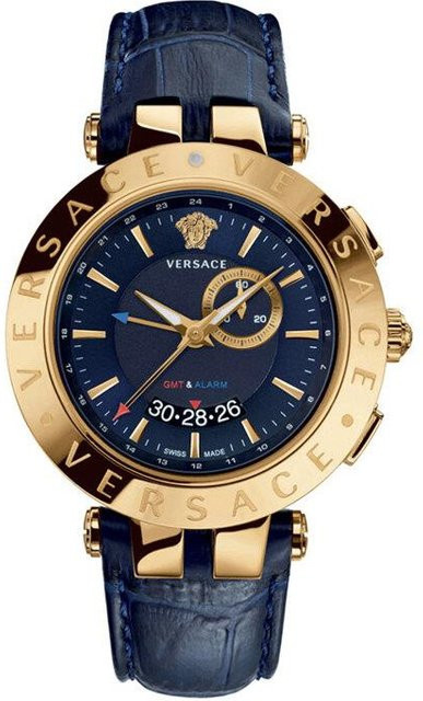 Versace V-Race GMT Alarm Herrenuhr, Quarz, Edelstahl, Gold, Blau, Leder - Bild 1