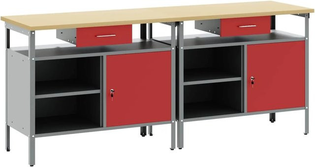 vidaXL Werkbank-Set mit Schubladen, 2-teilig, Rot und Grau, B/T/H: 200 x 55 x 85 cm - Bild 1