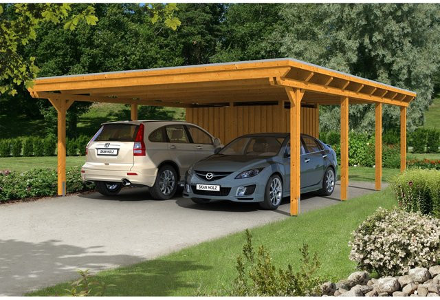 Skan Holz Carport Emsland aus Fichte Leimholz mit Abstellraum in Eiche Hell, B/T: 613 x 846 cm, Höhe: 248 cm - Bild 1