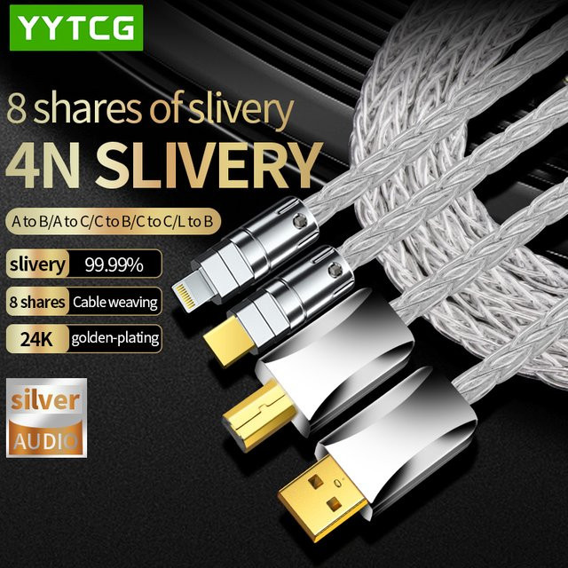 YYTCG USB-Audiodekodierungskabel aus Sterlingsilber mit USB-A-zu-B und USB-C-zu-B Anschlüssen für Soundkarten, Disc-Player und Mischpulte, Farbe: Silber - Bild 1