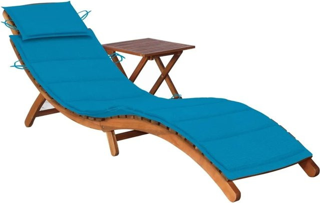 vidaXL Sonnenliege aus Akazien-Massivholz mit Tisch und blauer Auflage - Bild 1