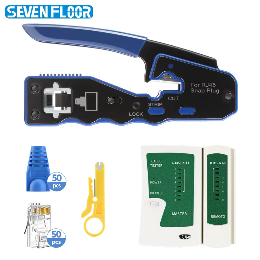 Cat6 Pass-Through RJ45 Crimpwerkzeug-Set in Blau mit Crimpzange, 50 Stecker, Zugentlastungsstiefeln, RJ45/RJ11 Tester und Abisolierzange - Bild 2