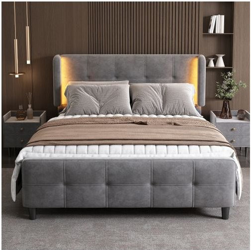 Gepolstertes Samt-Bett MUVOE in Grau mit verstellbarem Kopfteil und 16-farbiger LED-Unterbettbeleuchtung, B/T: 140 x 200 cm - Bild 1