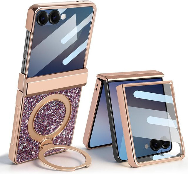Magnetische Schutzhülle mit 360 Grad Scharnierschutz und Anti-Peeping Glasfolie für Samsung Galaxy Z Flip 8 und Z Flip 7 aus Glitzer PU Leder in Beige - Bild 1