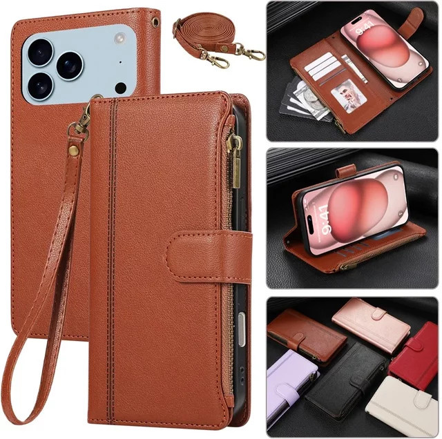 Leder Handyhülle mit Reißverschluss und Lanyard als Flip Wallet für iPhone, verfügbar in Schwarz und Braun - Bild 1