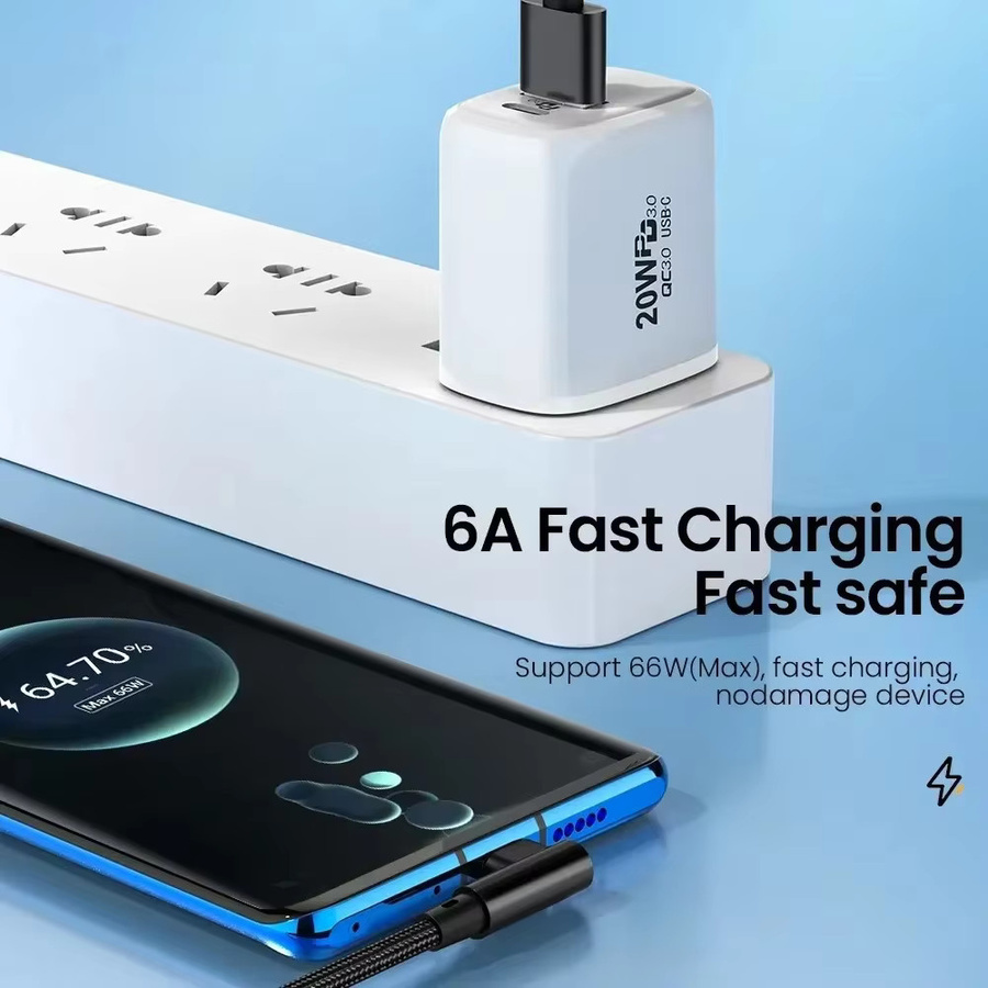 USB-C-Schnellladekabel mit 90 Grad Ellenbogen, 66 W, geflochtenes Nylon, Schwarz - Bild 3