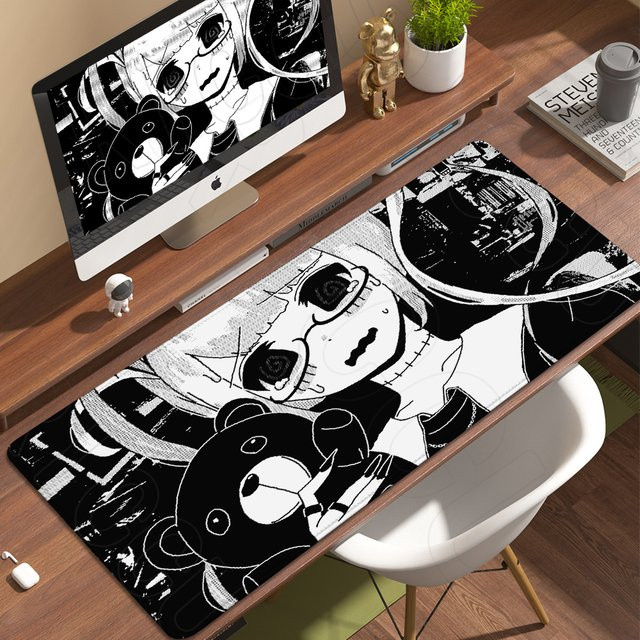 Riccu XXL Anime-Mädchen Mauspad Schwarz-Weiß, rutschfestes Kawaii Schreibtisch-Mauspad mit Verriegelungskante - Bild 1