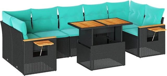 vidaXL 8-teilige Garten-Sofagarnitur in L-Form aus schwarzem Poly-Rattan mit Kissen und pulverbeschichtetem Stahlgestell - Bild 1