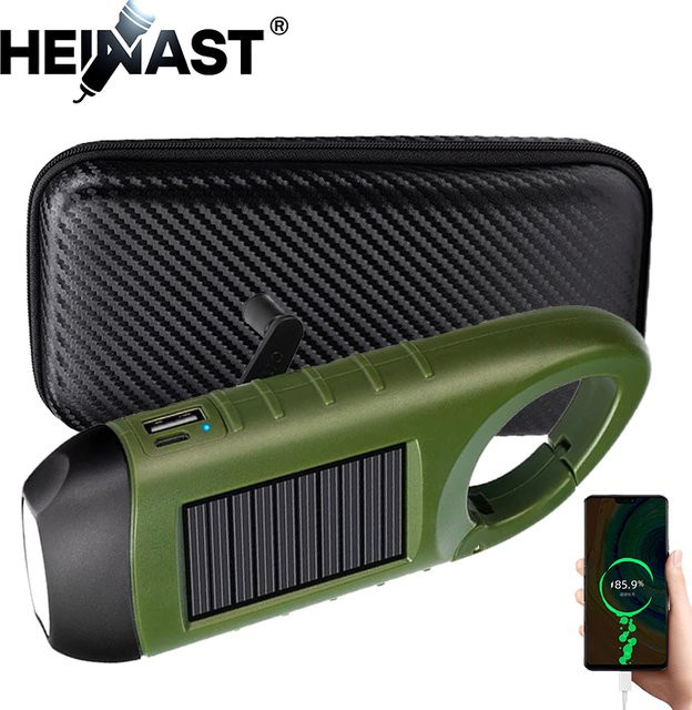 Heinast Tragbare LED-Taschenlampe in Grün mit Solarstrom, Handkurbel-Dynamo und Haken für Camping, Garten und Outdoor-Notfälle - Bild 1