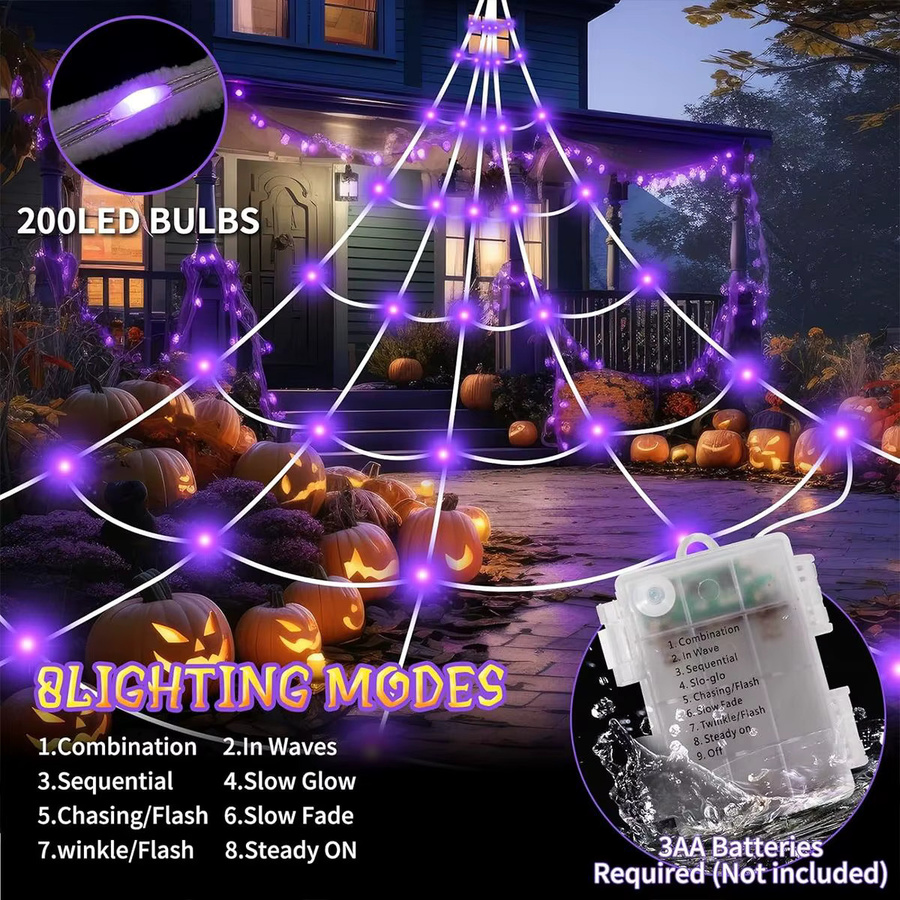 Peach Forest Halloween Spinnennetz mit 200 lila LEDs und großer Spinne zur Dekoration für Haus und Garten - Bild 5