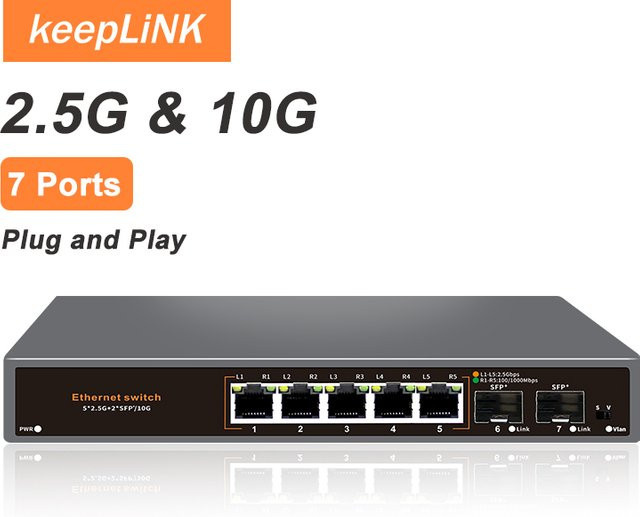KeepLiNK 7-Port Multi-Gigabit-Switch Unmanaged in Schwarz mit 5 x 2,5Gb Ethernet und 2 x 10Gb SFP+ für Hochgeschwindigkeitskonnektivität - Bild 1