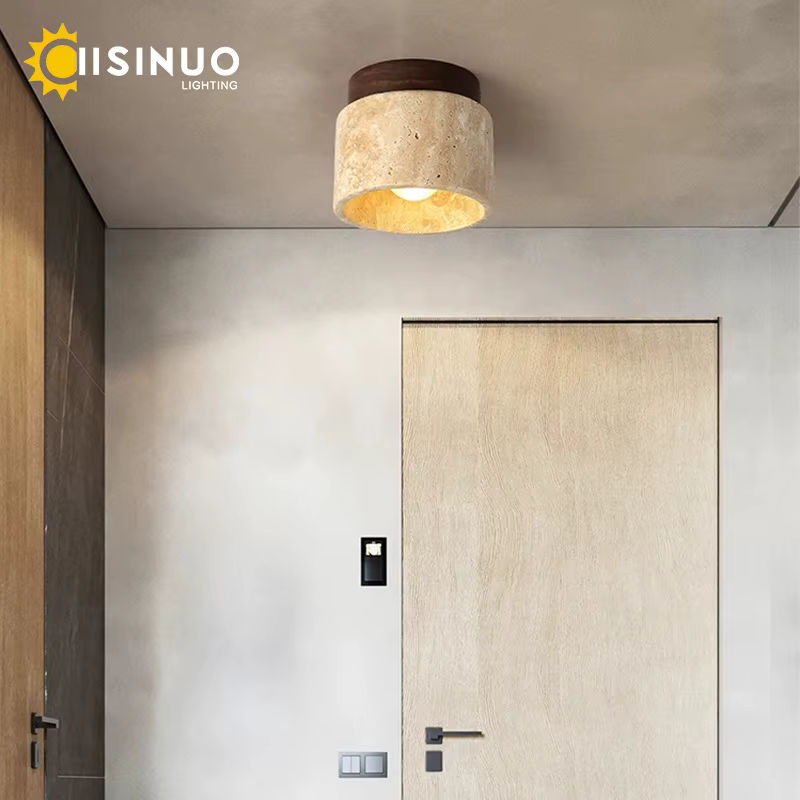 IISINUO LED-Deckenleuchte im japanischen Stil aus Stein und Holz, rund, beige, für Wohnzimmer, Flur und Balkon - Bild 3