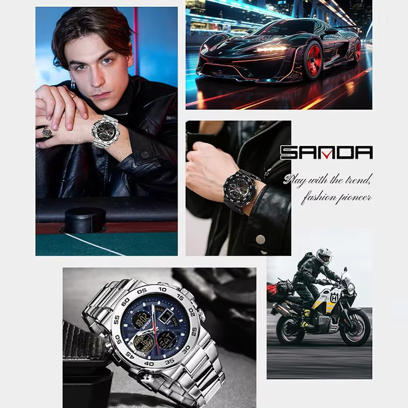 SANDA Armbanduhr Edelstahl, Quarz, Analog-Digital, 5 ATM, Herren, Schwarz - Bild 4