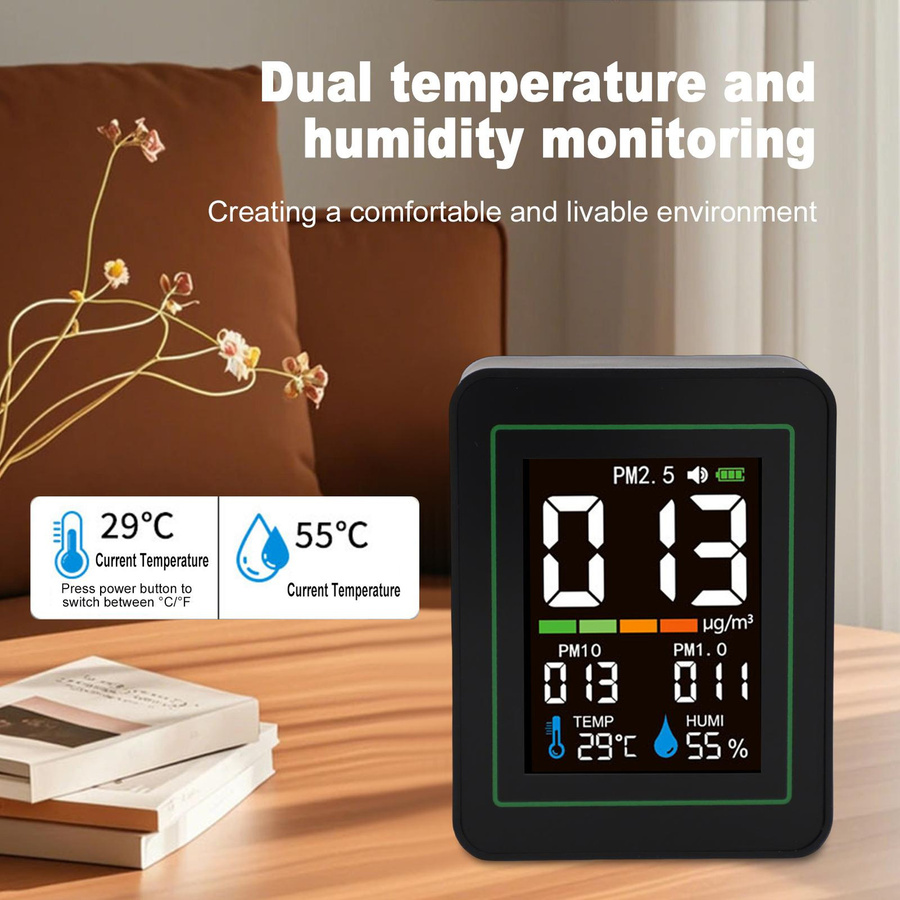 Musysh 5-in-1 Luftqualitätsmonitor mit LCD-Farbbildschirm und PM2.5 PM10 PM1.0 Detektor sowie Temperatur-Feuchtigkeitsmessgerät in Schwarz - Bild 4