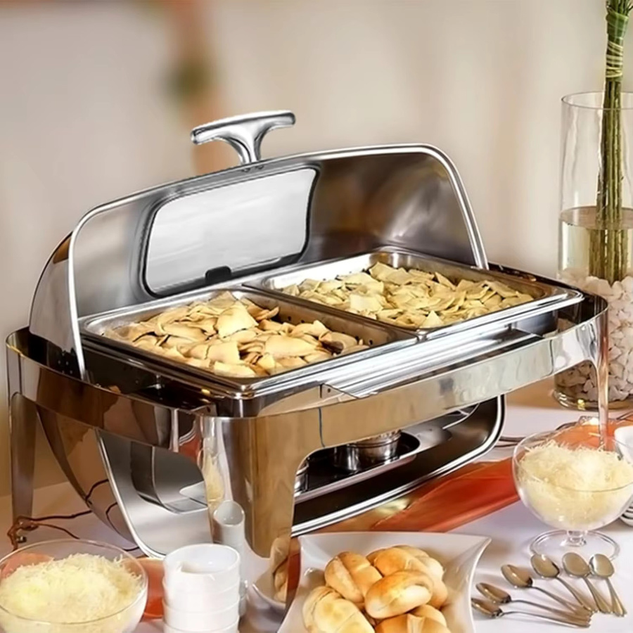 HiMISS Roll-Top Chafing Dish Buffet-Set aus Edelstahl in Silber, rechteckiger Speisenwärmer mit Sichtdeckel - Bild 2