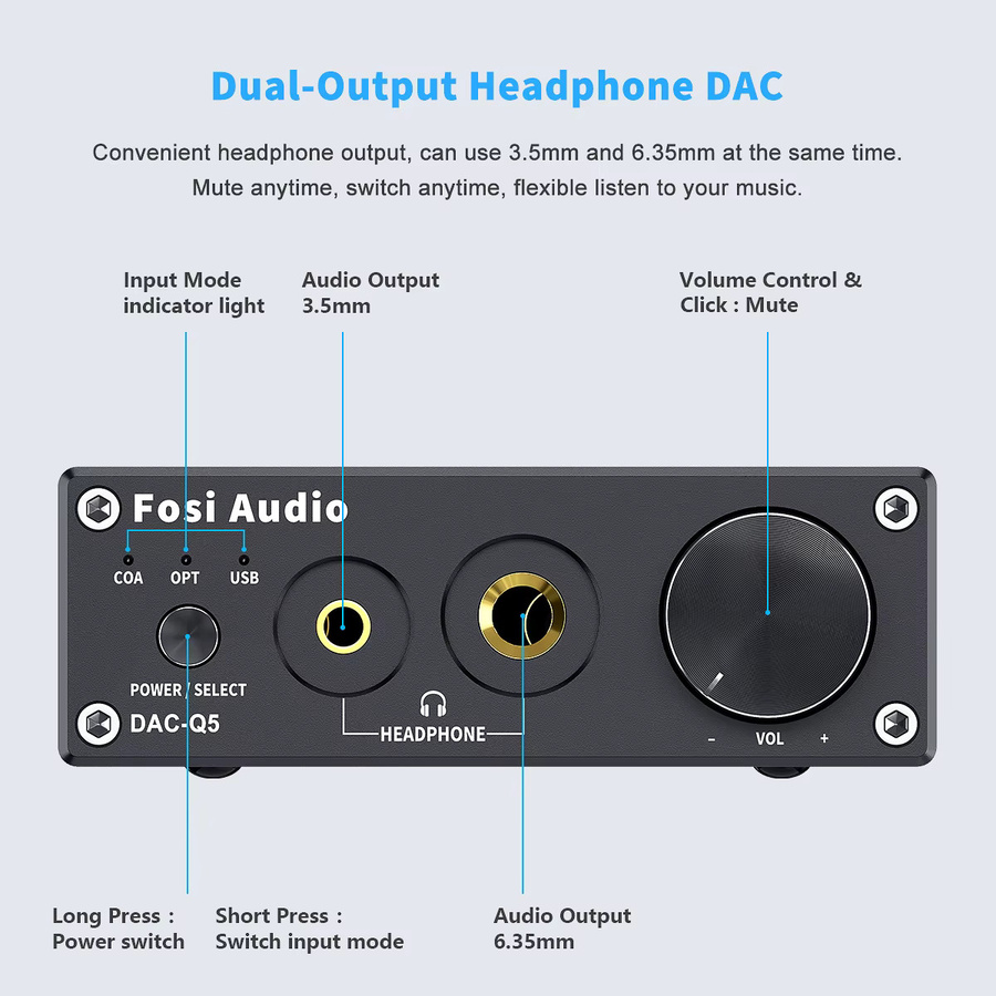 Fosi Audio Q5 DAC-Kopfhörerverstärker mit ESS9018K2M Chip, USB-C und 3,5-mm-/6,35-mm-Klinkenanschluss, Schwarz - Bild 3