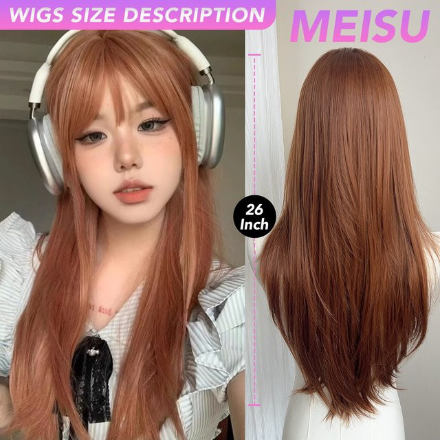 MEISU Perücke, synthetisch, gerade, Air Bangs, Orange, Damen - Bild 1