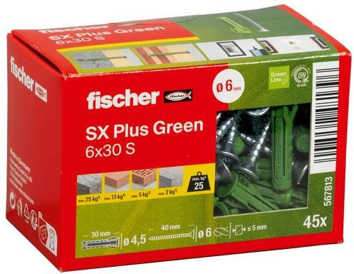 Fischer SX Plus Green Spreizdübel aus Kunststoff in Grün, Durchmesser: 6 mm, Länge: 30 mm, 45 Stück - Bild 1