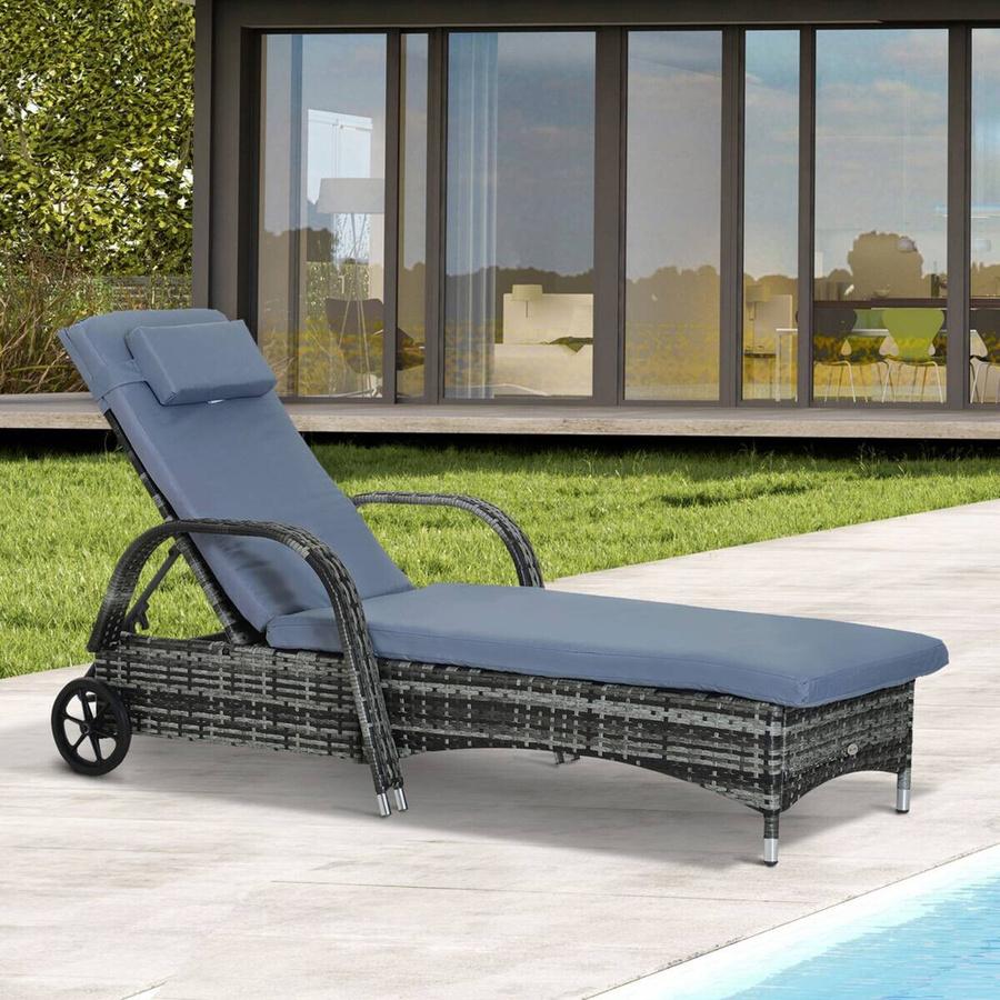 Outsunny Sonnenliege aus Polyrattan und Metall in Grau und Blau mit Rollen, B/T/H: 73 x 200 x 72-103 cm - Bild 3