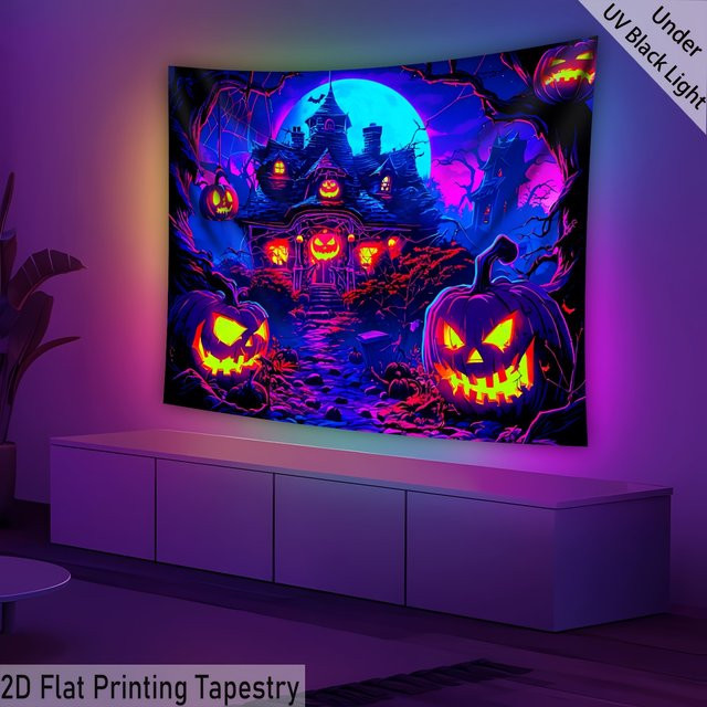 VIKAMA Halloween Wandteppich mit gruseligem Kürbishaus, im Dunkeln leuchtender Wandbehang in Multicolour, B/H: 60 x 60 cm - Bild 1