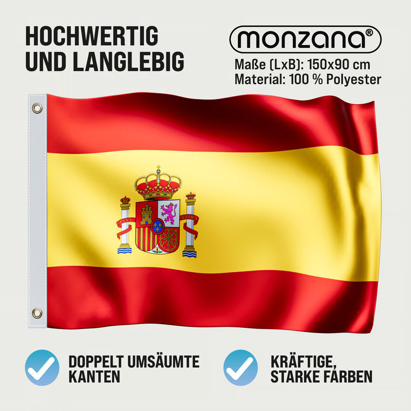 Spanien Flagge aus Polyester von MONZANA in Rot und Gelb mit Metallösen, B: 150 cm, H: 90 cm - Bild 2