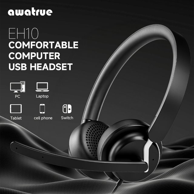 Awatrue USB-Computer-Headset mit geräuschunterdrückendem Mikrofon und Stummschaltungssteuerung in Schwarz oder Beige - Bild 1