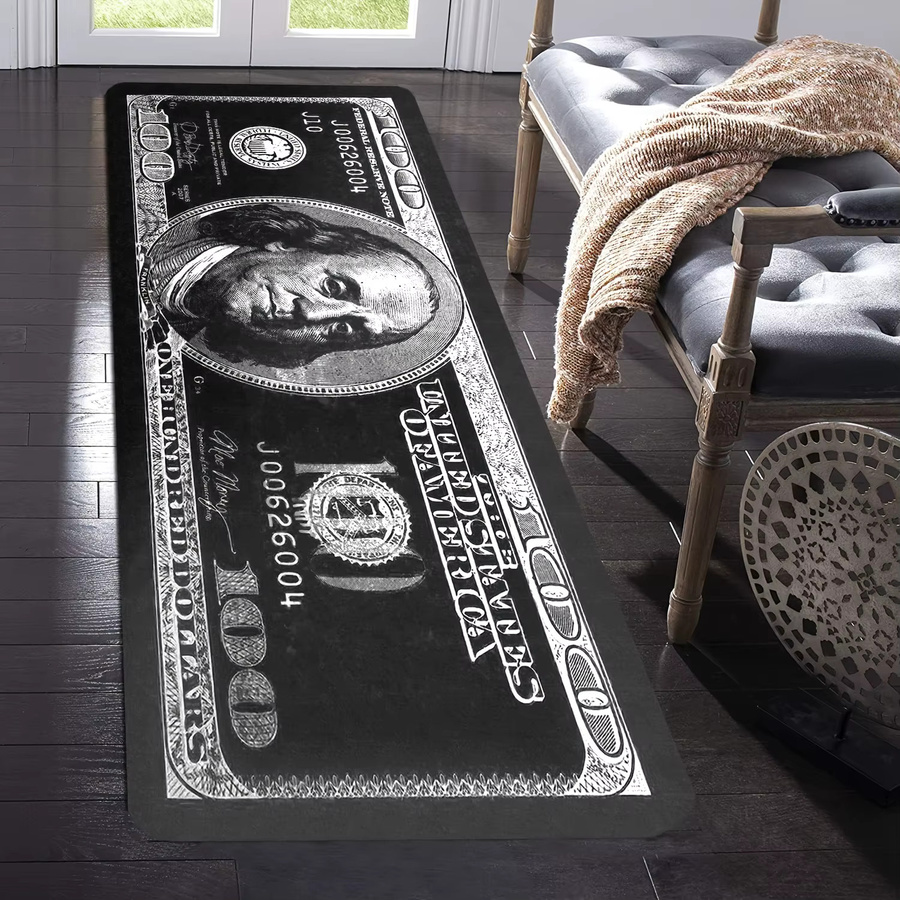 VIKAMA Läufer-Teppich mit 100-Dollar-Rechnung-Design, modern und rutschfest, Schwarz-Weiß, B/T: 120 x 40 cm - Bild 3