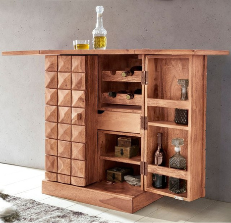 KADIMA DESIGN Hausbar aus Akazie Massivholz in Braun mit Klappfunktion und Stauraum, B/T/H: 65 x 50 x 91 cm