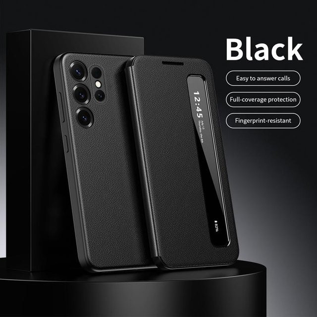 Premium Leder Handyhülle mit intelligentem Seitenfenster für Samsung Galaxy S25 S24 S23 Ultra S25 Plus in Schwarz, Blau, Grau oder Grün - Bild 1