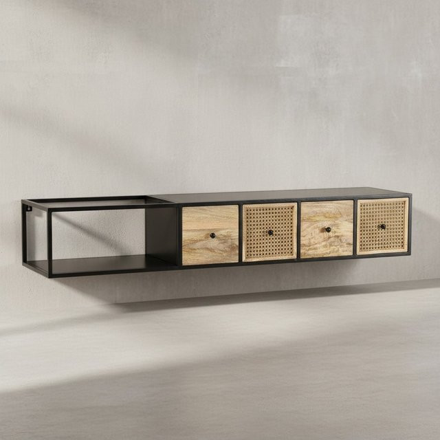 KADIMA DESIGN Lowboard hängend aus Mango Massivholz und Metall in Braun mit Rattan-Fronten, B: 150 cm, H: 35 cm, T: 25 cm - Bild 1