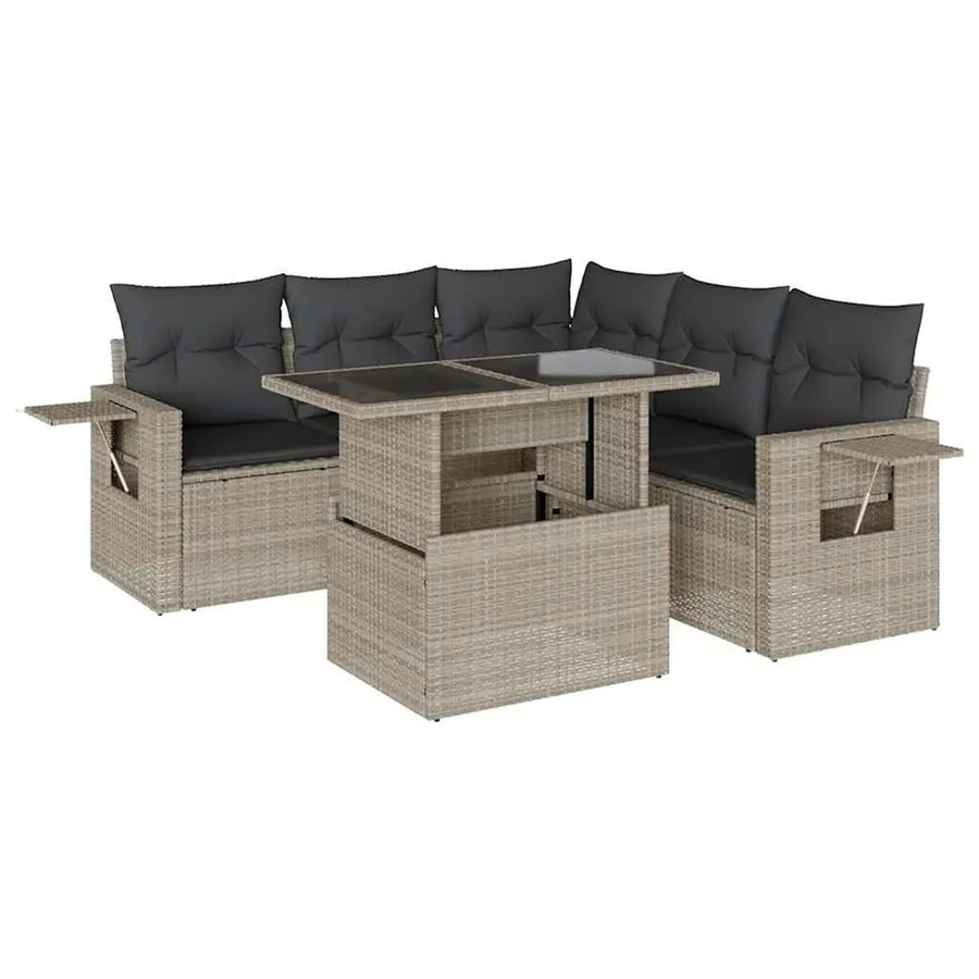 vidaXL 6-teilige Garten-Sofagarnitur in L-Form aus Poly-Rattan mit Kissen in Hellgrau - Bild 2