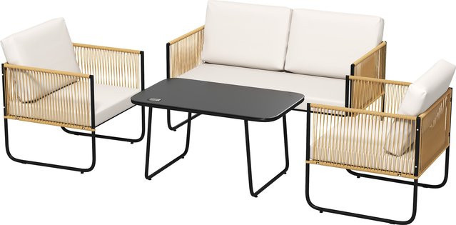 Outsunny Gartenmöbel-Set für 4 Personen aus Polyrattan mit 2-Sitzer-Sofa, Sesseln und Glastisch in Creme/Beige inklusive abnehmbarer Kissen - Bild 1