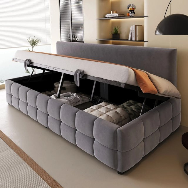 Merax Sofabett mit Hydraulik-Stauraum aus Samt in Dunkelgrau, B/T/H: 90 x 200 x 78 cm - Bild 1