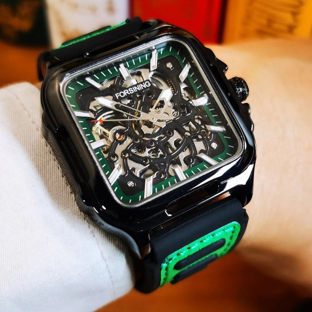 Forsining Armbanduhr, Automatik, eckig, Leder, Herren, Grün, Silber - Bild 1