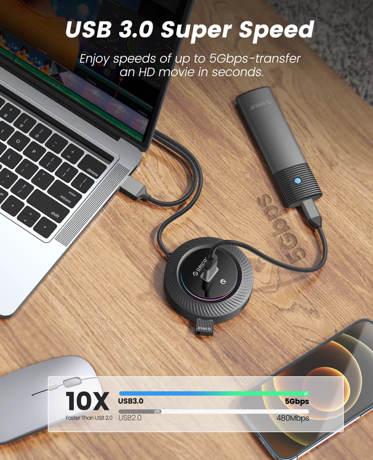 ORICO RGB USB 3.0 und USB-C Hub mit Power Port, 5 Gbit/s Multi Splitter OTG Adapter für PC und MacBook Pro, Schwarz - Bild 2