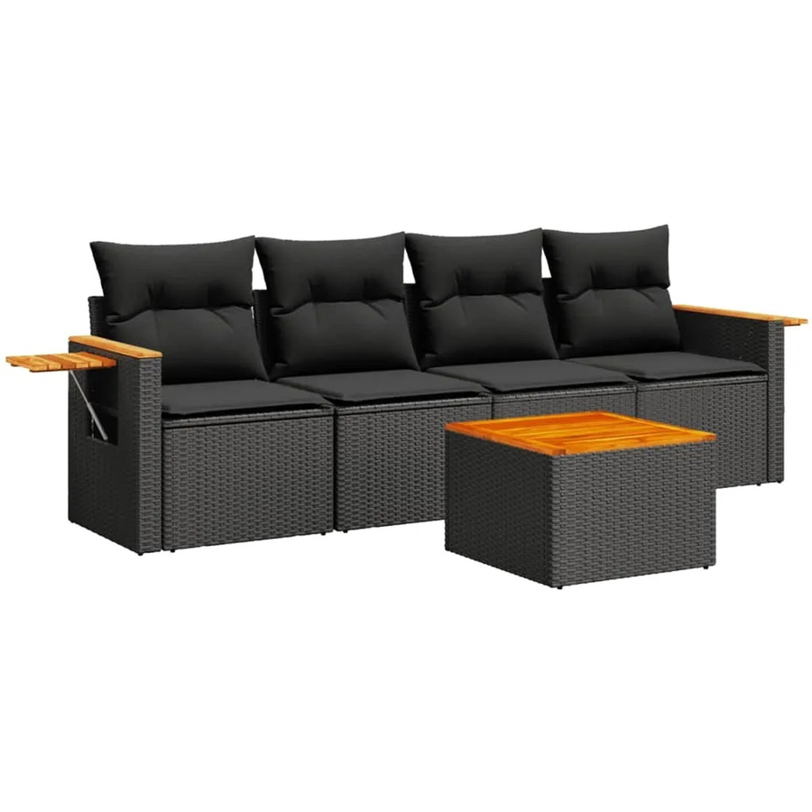 vidaXL 5-teilige Garten-Sofagarnitur aus Poly-Rattan und Akazienholz in Schwarz mit Kissen - Bild 2