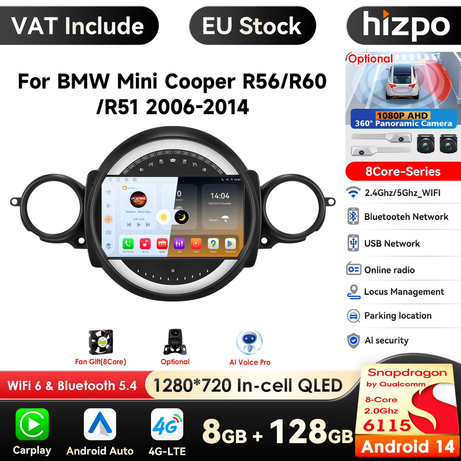 Hizpo 9 Zoll Carplay 4G Android Autoradio für BMW Mini Cooper R56 R60 R51 2006-2014 Multimedia-Videoplayer mit KI-Intelligentem System in Schwarz - Bild 1