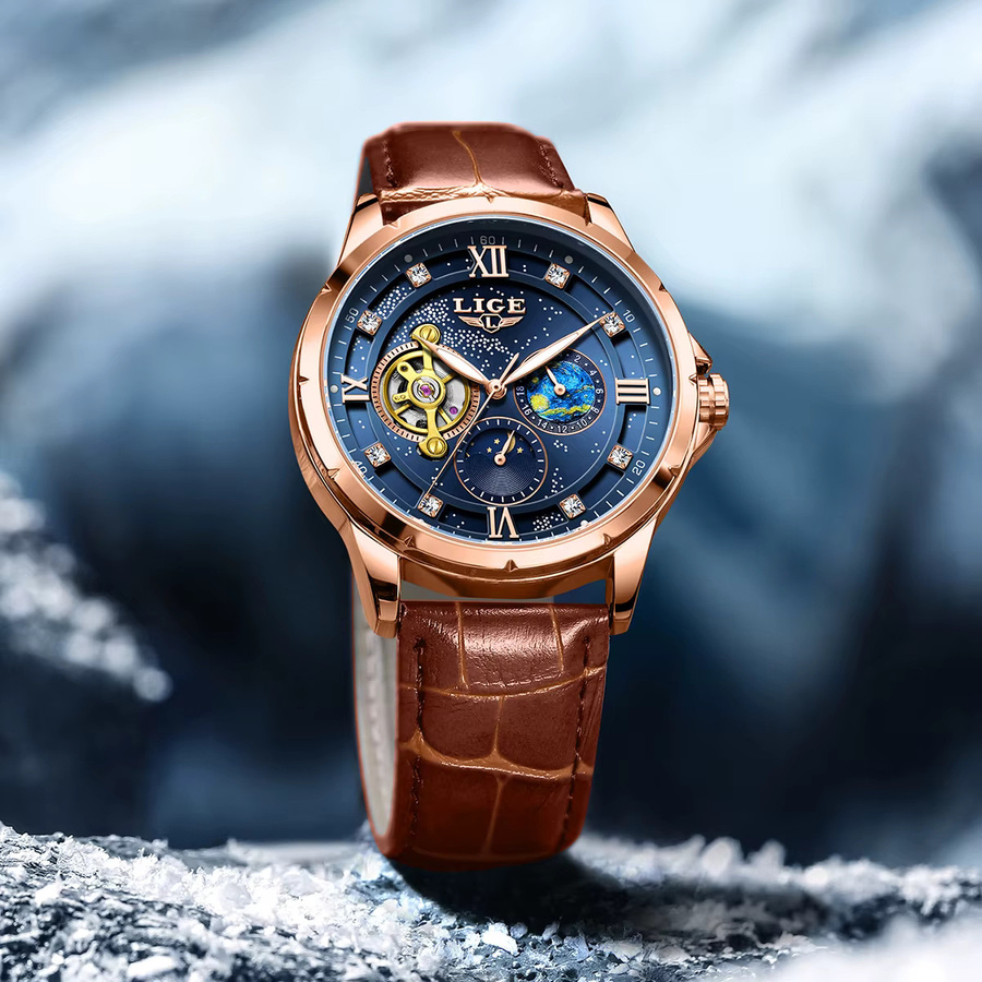LIGE Herrenuhr, Automatik, Analoguhr, Blau, Roségold, Leder, Zirkonia - Bild 5